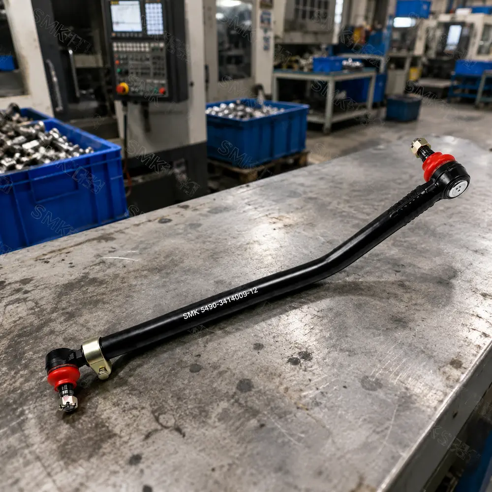 SMK heavy-duty truck drag link assembly with red protective caps
