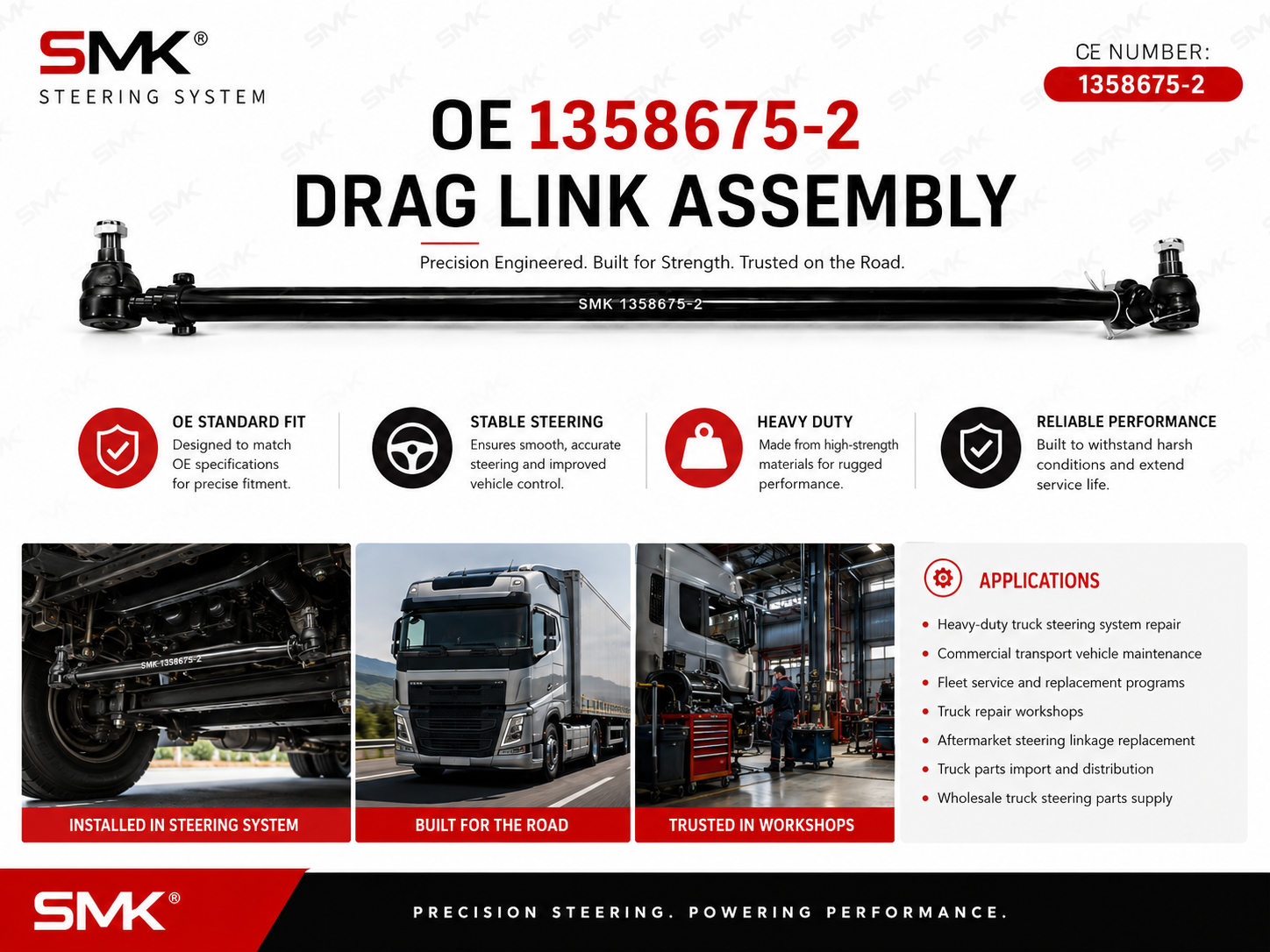 SMK OE 1358675-2 heavy-duty truck drag link assembly and steering application