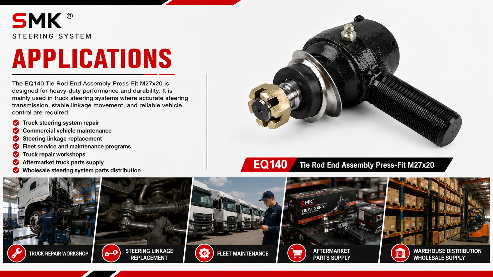EQ140 Tie Rod End Assembly Press-Fit M27x20 applications in truck steering systems