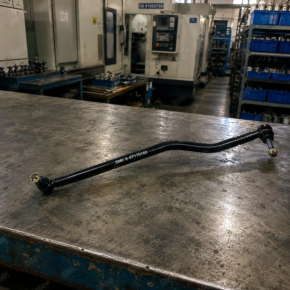 SMK bent truck drag link assembly displayed on factory inspection table
