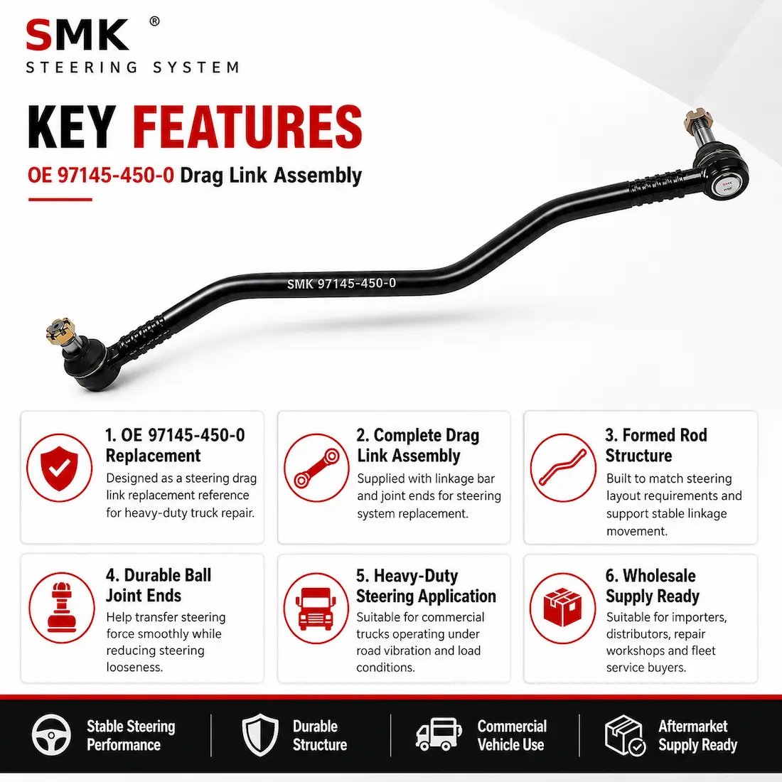 OE 97145-450-0 Drag Link Assembly key features for heavy-duty truck steering systems