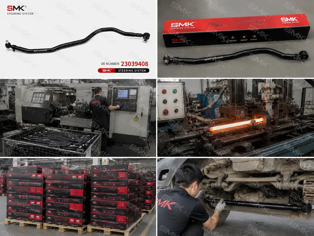SMK truck drag link assembly product, packaging, warehouse stock, and installation application