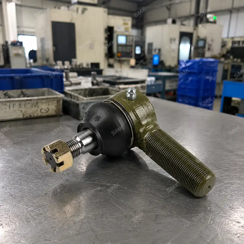SMK heavy-duty truck tie rod end displayed on factory workbench