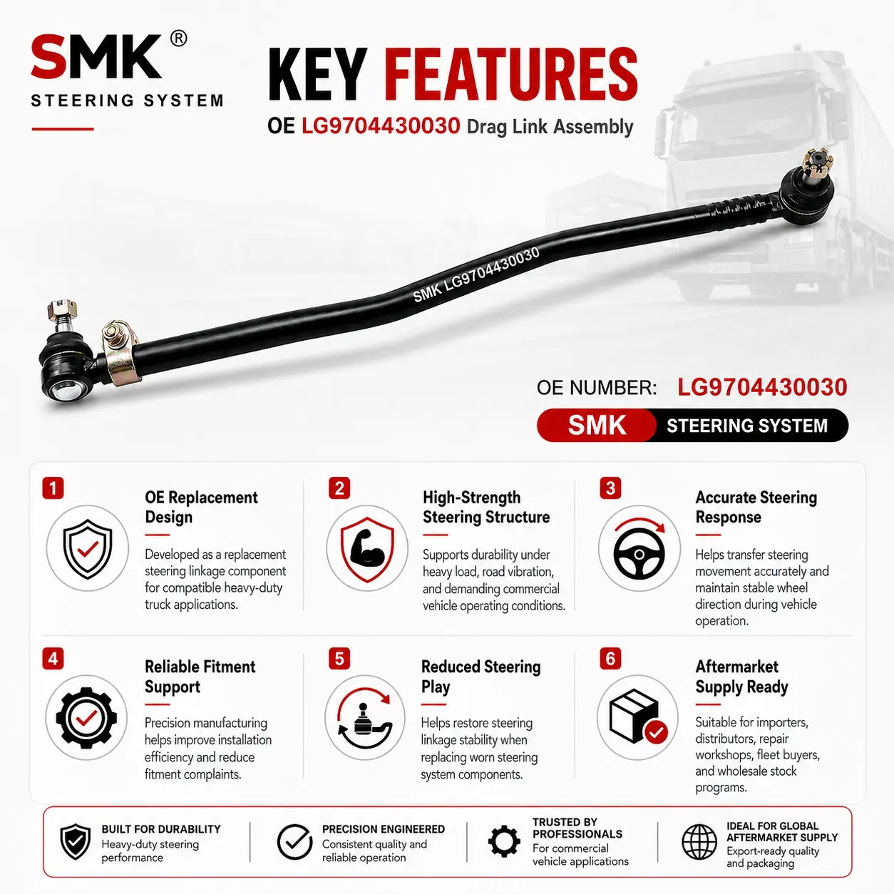 OE LG9704430030 Drag Link Assembly key features for heavy-duty truck steering systems