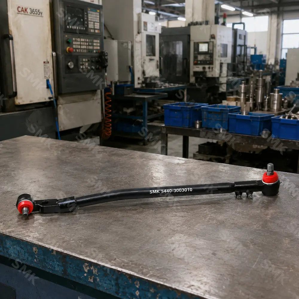 SMK heavy-duty truck drag link assembly with red protective caps on factory workbench