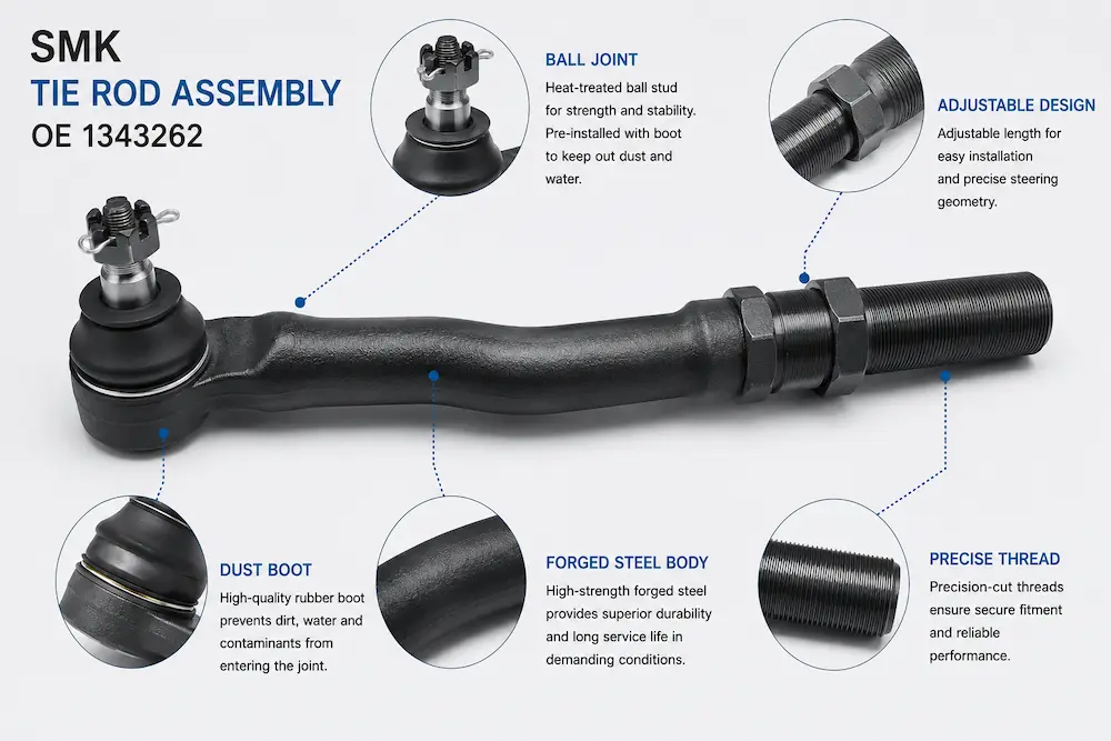 SMK OE 1343262 Tie Rod Assembly detail showing ball joint, steel body, thread design and steering linkage structure